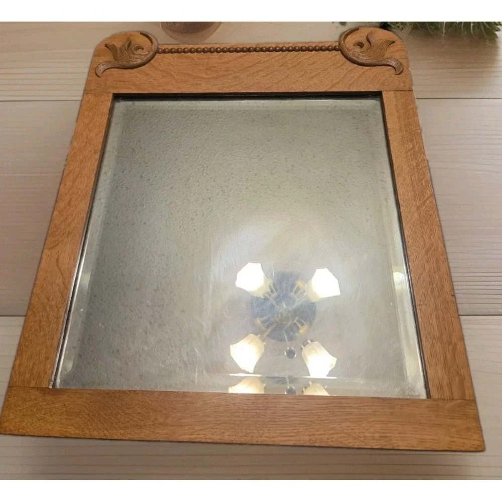 Antique Oak Beveled Wall Mirror Carved Scroll Beaded Trim Victorian c1900